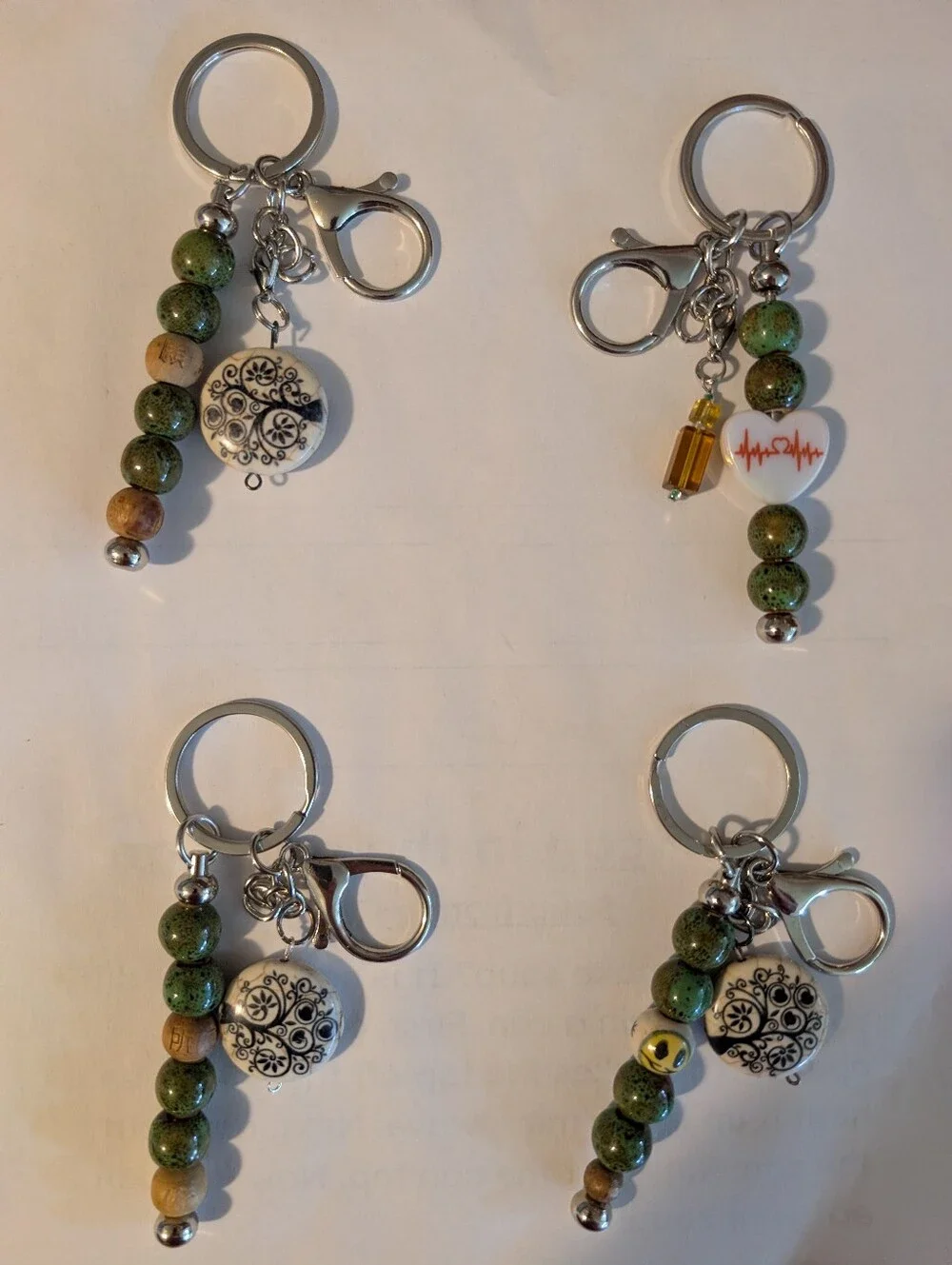 Beaded Green Wooden Keychain with Silver Charm - Women Accessories